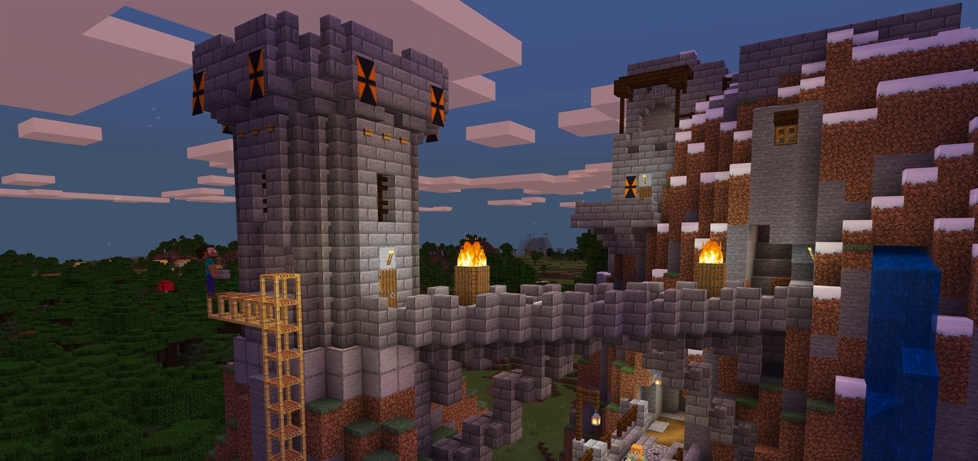 A Minecraft castle build with towers and a bridge at dusk