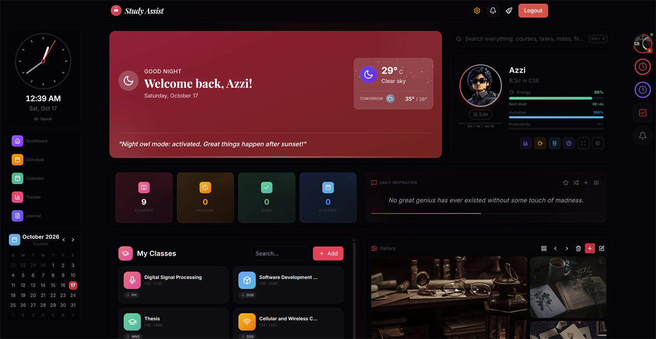 StudyAssist dashboard showing course stats, calendar, class list, and gallery